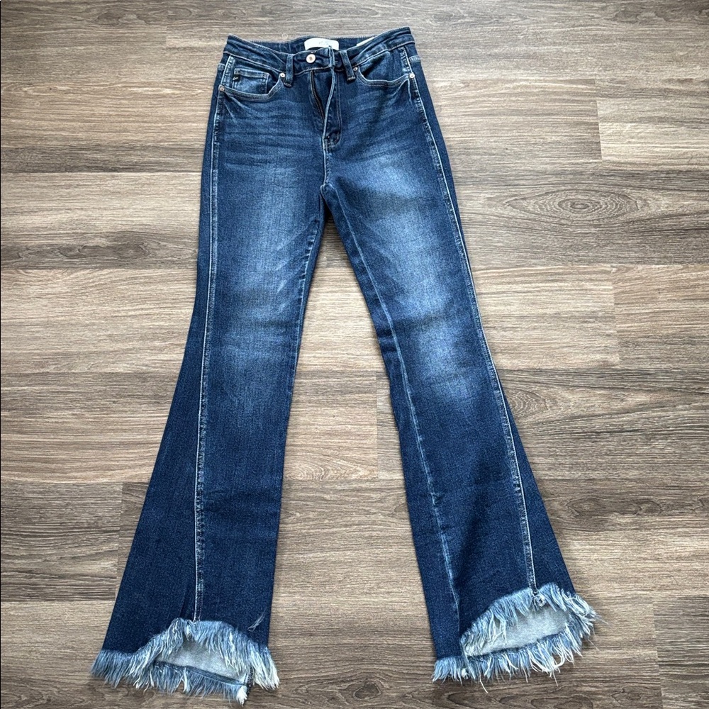 KanCan Dark Blue Flare Jeans with Frayed Hem